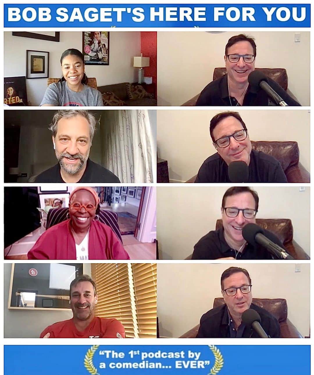 ボブ・サゲットのインスタグラム：「To check out the videos of my podcast “Bob Saget’s Here For You” (“The first podcast by a comedian EVER! 😳”) —SUBSCRIBE to my @youtube page, where you can SEE episodes with @whoopigoldberg @morereginahall @juddapatow #JonHamm @jaypharoah @jimgaffigan @nikkiglaser @sethgreen @jeffgarlin @tompapa @thenormanlear and more guests I get to have wonderful conversations with every week!  Go to—> youtube.com/bobsaget to SUBSCRIBE!」