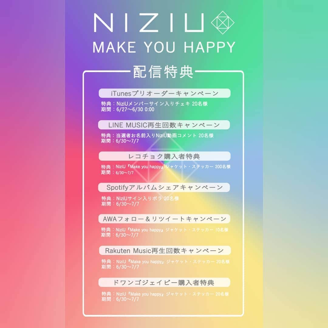 Niziさんのインスタグラム写真 - (NiziInstagram)「🌈#NiziU Pre-Debut Digital Mini Album 『Make you happy』の配信を記念し、 SpotifyやLINE MUSICをはじめ 各配信ストアでのキャンペーン実施決定✨」6月29日 19時03分 - niziu_info_official