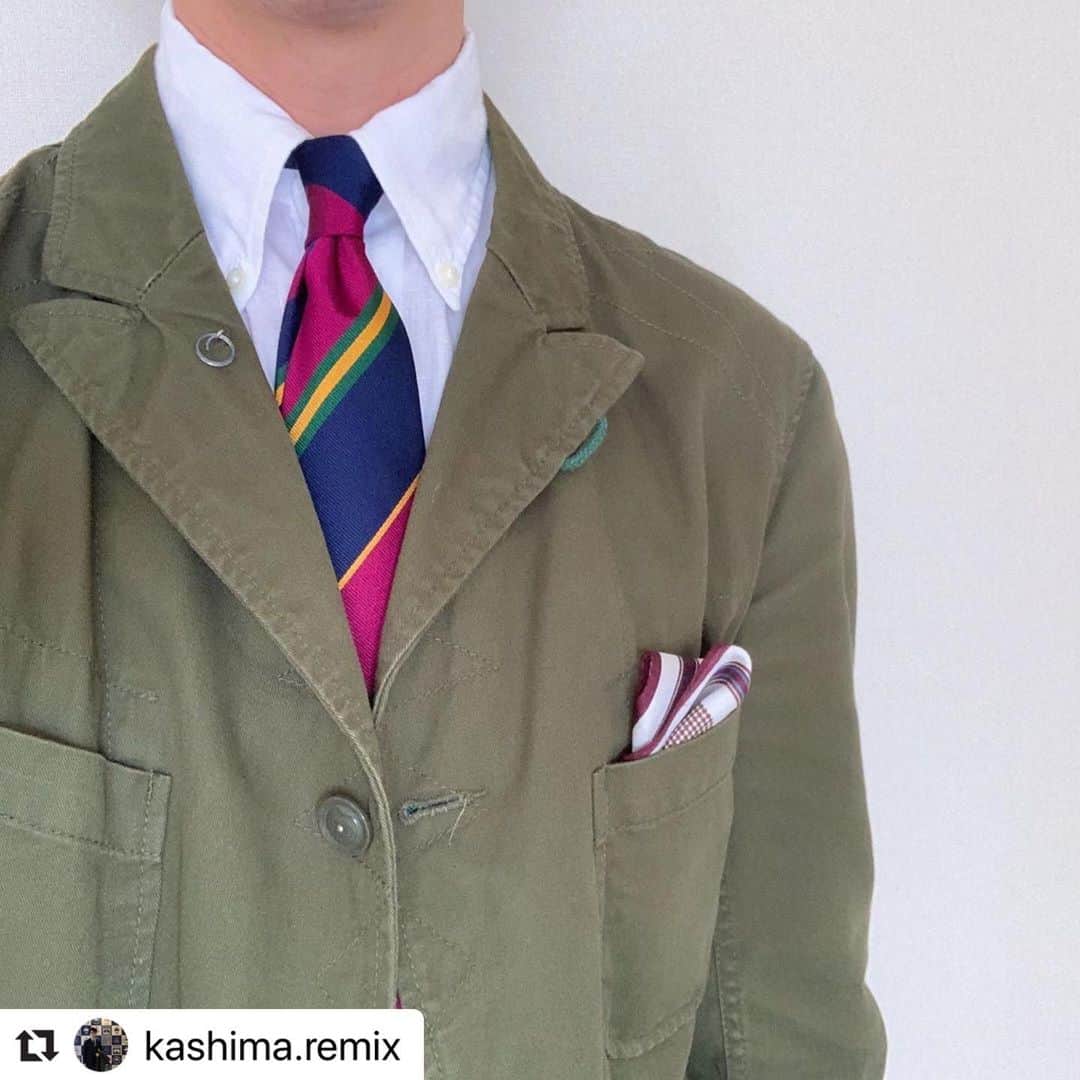 のインスタグラム：「Thank you @kashima.remix  #Repost @kashima.remix with @make_repost ・・・ カジュアルなタイドアップ . 麻のシャツが気持ちいい . #mensfashion #mensstyle #fashion #coodinate #tie #engineeredgarments #individualizedshirts #linen #linenshirt  #エンジニアドガーメンツ #インディビジュアライズドシャツ #ジョンコンフォート #レジメンタル #レジメンタルタイ #ボタンダウンシャツ」