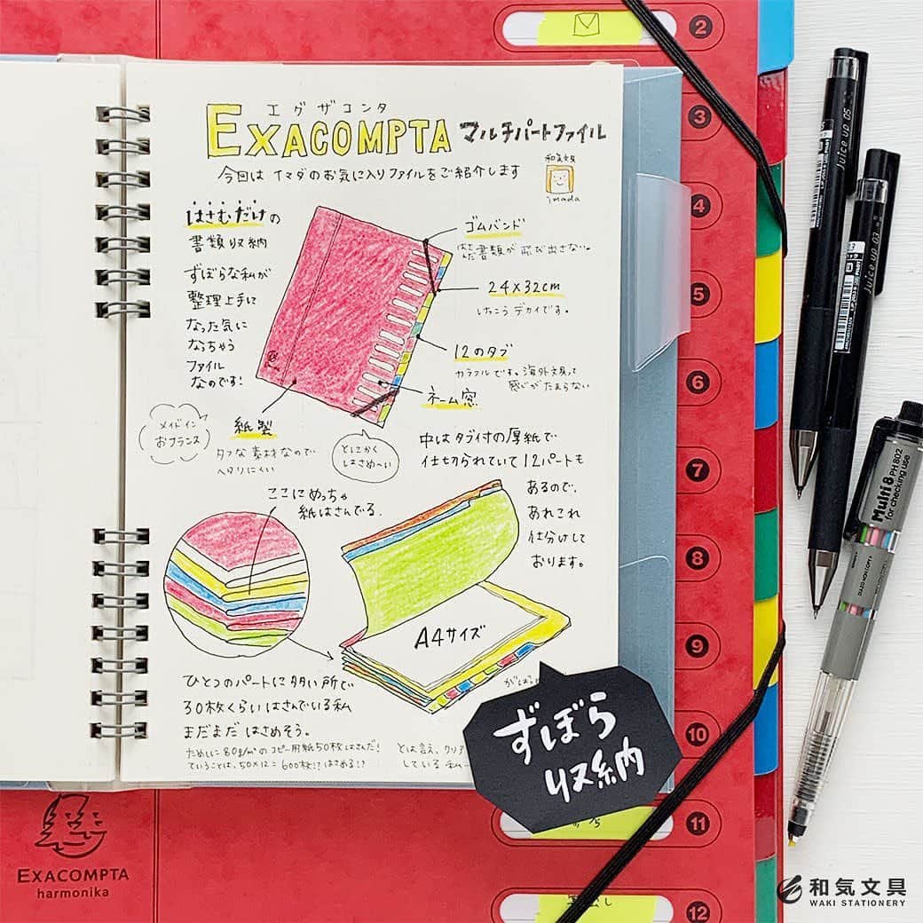 文房具の和気文具のインスタグラム：「今回はスタッフ今田お気に入りファイルについて書いてみました。和気文具では『エクザコンタ EXACOMPTA マルチパートファイル12』という商品名で販売しておりますが実はこの子『HARMONIKA』という名前があります。 久しぶりの登場 8本の色芯が入ったマルチペン 『ぺんてる マルチ8』で色をつけました。色鉛筆の風合いっていいですよね～。 ・ このファイルについて詳しくはウェブマガジンに書きました。 ↓プロフィール欄のURLよりどうぞ @wakibungu ・ 仕切りに挟むだけのずぼら収納で、整理上手気分をぜひ味わってくださいね♪ ・ #収納グッズ #収納アイデア #文房具好き #文具好き #文房具大好き #文房具好きな人と繋がりたい #文房具マニア #文房具屋 #文具店 #文具女子 #文具好朋友 #手帳デコ #手帳の使い方 #手帳時間 #手帳好きさんと繋がりたい #notebooklover #stationeryholic  #和気文具」