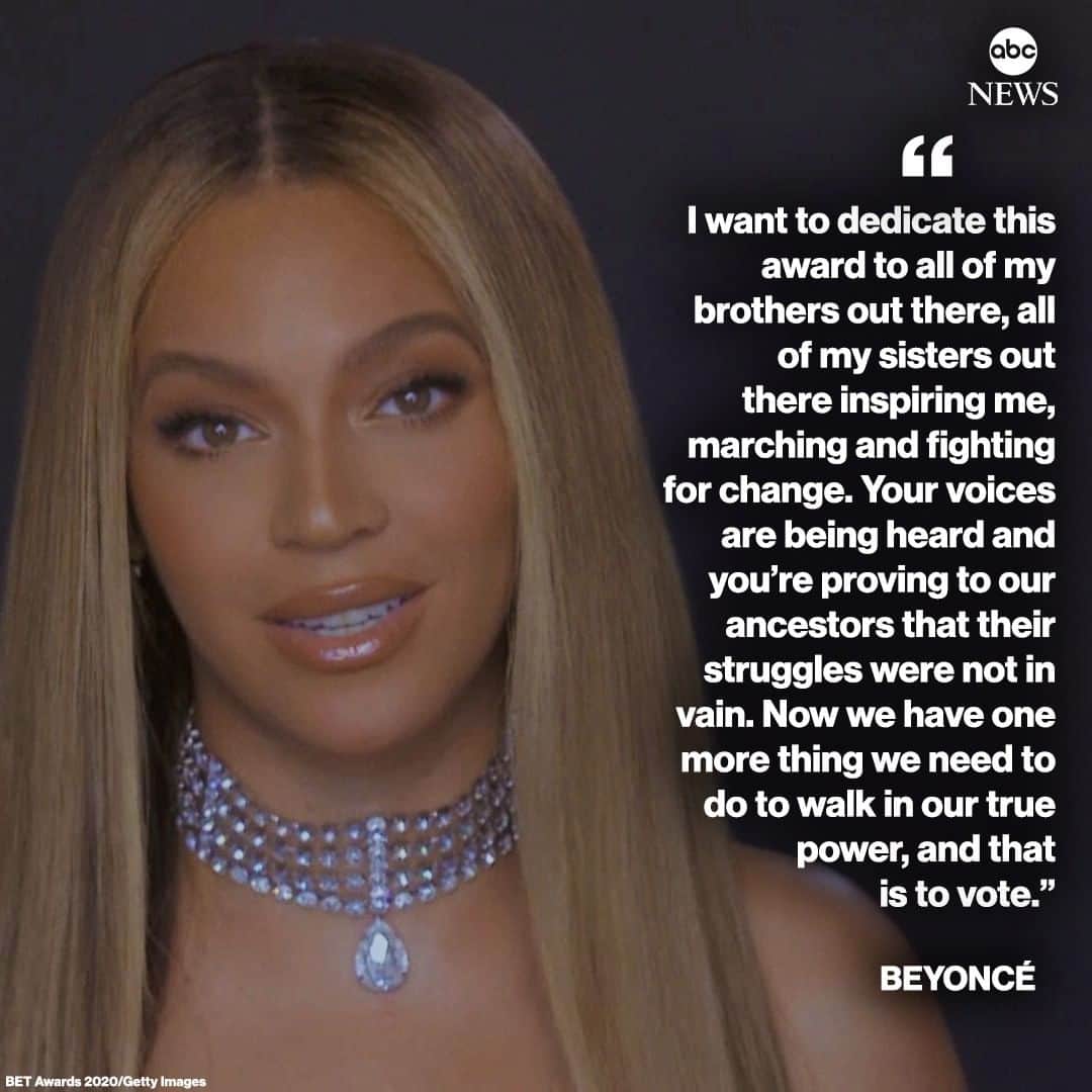 ABC Newsさんのインスタグラム写真 - (ABC NewsInstagram)「“Your voices are being heard and you’re proving to our ancestors that their struggles were not in vain.” Beyoncé said voting in the upcoming election could help end a "racist and unequal system" in America while accepting the humanitarian award at the BET Awards. #beyonce #betawards #voting #politics #musician #music」6月29日 17時23分 - abcnews