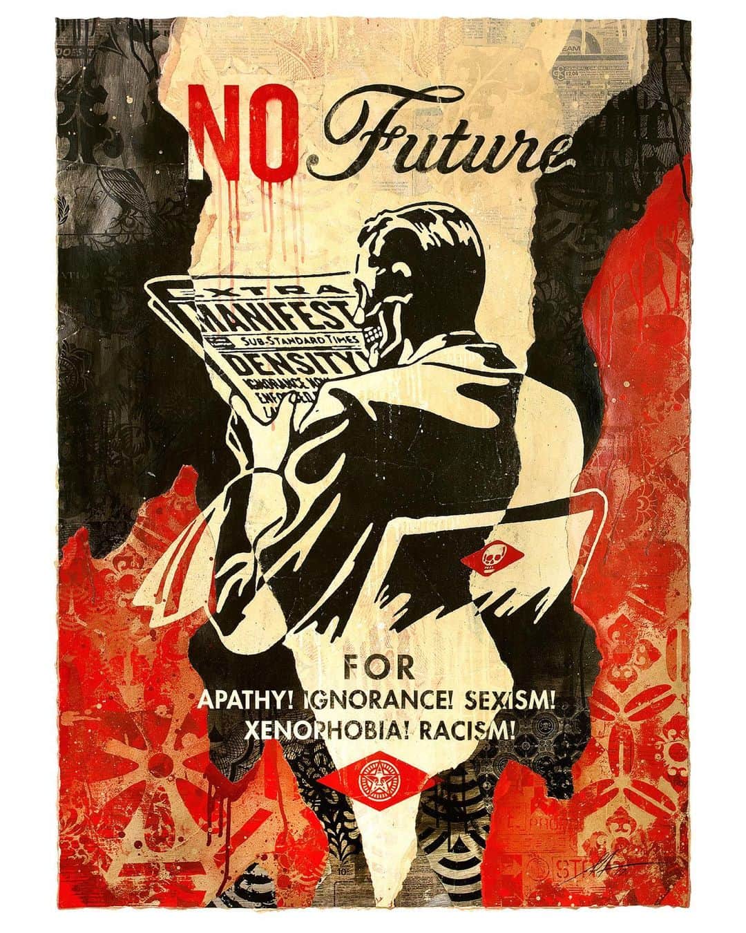 Shepard Faireyのインスタグラム：「My art is usually social and political regardless of who is in the White House, but my concerns and frustrations are amplified by the election of Donald Trump. I joked while Trump was campaigning that his slogan should be “Manifest Density,” a parody of “Manifest Destiny,” which was an embarrassingly egotistical pronouncement by rich white men that it was God’s desire for them to conquer ocean to ocean in the territory that would become the United States. Trump appealed to an uninformed (dense) electorate who looked for scapegoats and were driven by most likely one or more of the dark impulses listed in this art. I’m pushing for a future where those impulses have no place and definitely no traction. Let’s move forward, not backward. It is critical to vote in Nov. and every election. Strong voter turnout is the only way to overcome voter suppression and gerrymandering that have allowed the Republican party, whose policies are less popular with the majority of Americans, to retain power over many areas of govt. Even if Joe Biden wasn’t your first choice for president, keep in mind the importance of keeping judgeships out of the hands of the hateful, partisan, and unqualified, as well as the need to vote for local candidates who align with your beliefs. Thanks for caring! -Shepard」