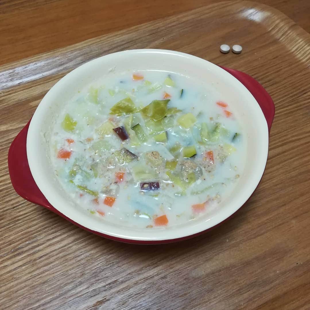内田敦子のインスタグラム：「． 離乳食に豆乳とすりゴマ入れたらわりと美味しくて、大人もやってる。  でも味噌汁に勝るものは、やはりない。  #ダイエット #健康オタク #スープ」
