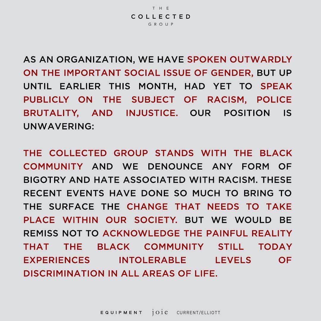 カレントエリオットのインスタグラム：「The Collected Group's mission is to create an environment in which anyone can belong anywhere. An environment that belongs to us all and one that is free from any form or racism and intolerance. While we are learning and educating ourselves every day, we know there is so much to improve upon.」