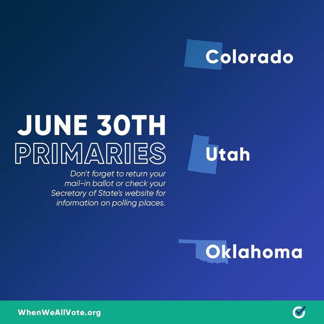 ションダ・ライムズさんのインスタグラム写真 - (ションダ・ライムズInstagram)「Tomorrow is #ElectionDay in CO, UT, and OK! Don’t forget to return your #VoteByMail or absentee ballot by your state’s deadline. If you plan to vote in-person in Oklahoma or Colorado, make sure you find your polling place to vote tomorrow 🗳  Follow @whenweallvote for more information and resources.」6月30日 5時13分 - shondarhimes