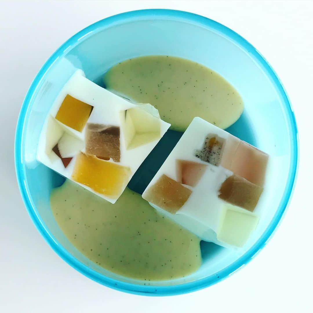 福田里香さんのインスタグラム写真 - (福田里香Instagram)「MOSAIC FRUITS JELLY crème anglaise flavored vanilla beans  ５種のフルーツ モザイク ゼリー バニラ風味のアングレーズソース添え。  ７月４日からはじまる 辻和美さん @factory_zoomer と 椹木知佳子さん @kit_sankakuha の glass ⇔ plastic 展のための冷菓。  お召し上がりいただくことは 叶いませんでしたが 試作の画像を上げます。  #kit #factoryzoomer  #椹木知佳子 #辻和美 #mosaicjelly #fruitjelly」6月30日 6時30分 - riccafukuda