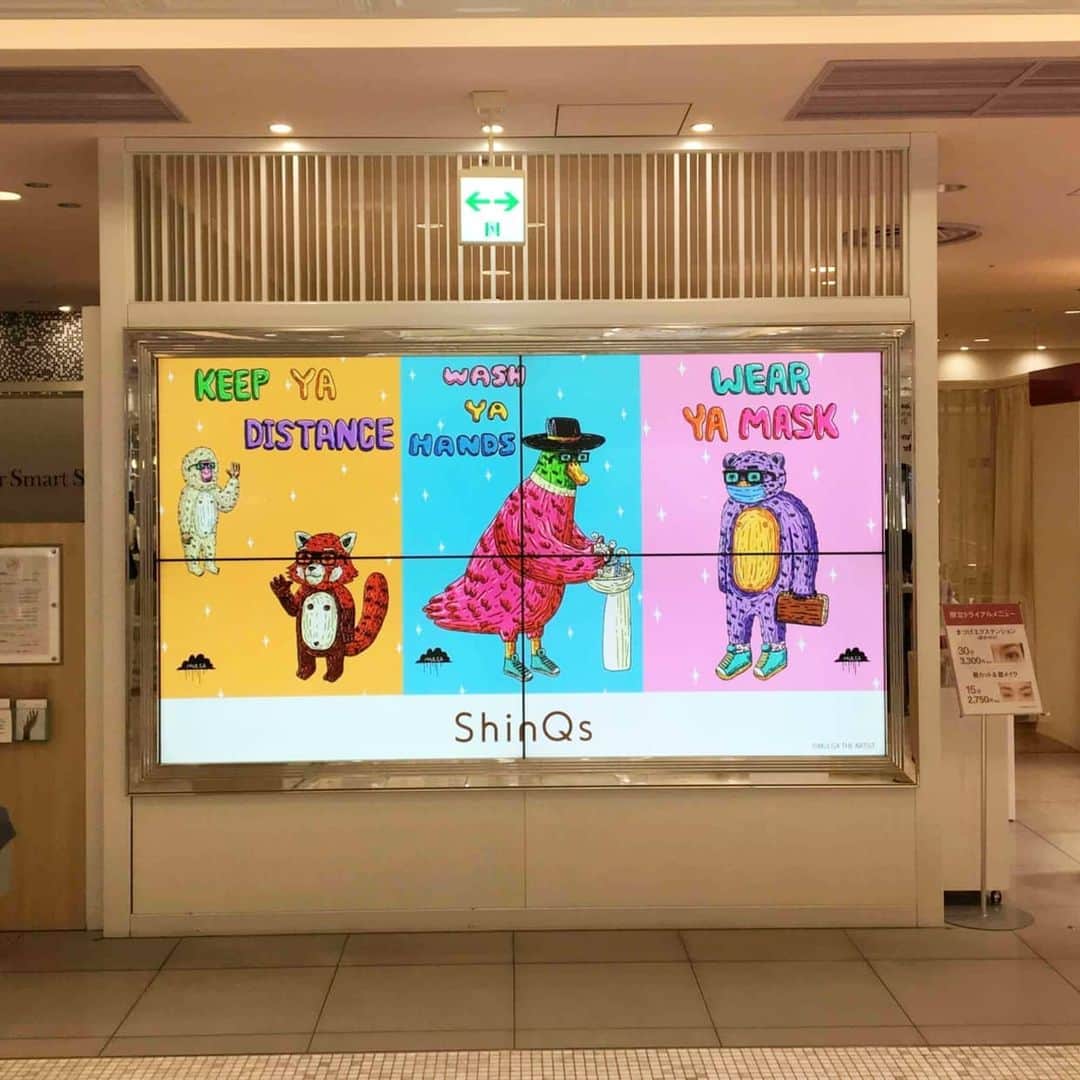 MULGAさんのインスタグラム写真 - (MULGAInstagram)「Some of my Covid stay safe designs at a department store, train station, book shop and fashion shop in Tokyo.⁣ ⁣ Hit up the link in my Instagram profile to download A4 sizes to use at your place of business/school wherever. If you need bigger sizes like Tokyo just get in touch. ⁣ ⁣ Big cheers to the @mulgatheartistasia team for pulling it together.⁣ ⁣ #mulgatheartist #staysafe #covidart #mulgatheartistasia」6月30日 7時01分 - mulgatheartist