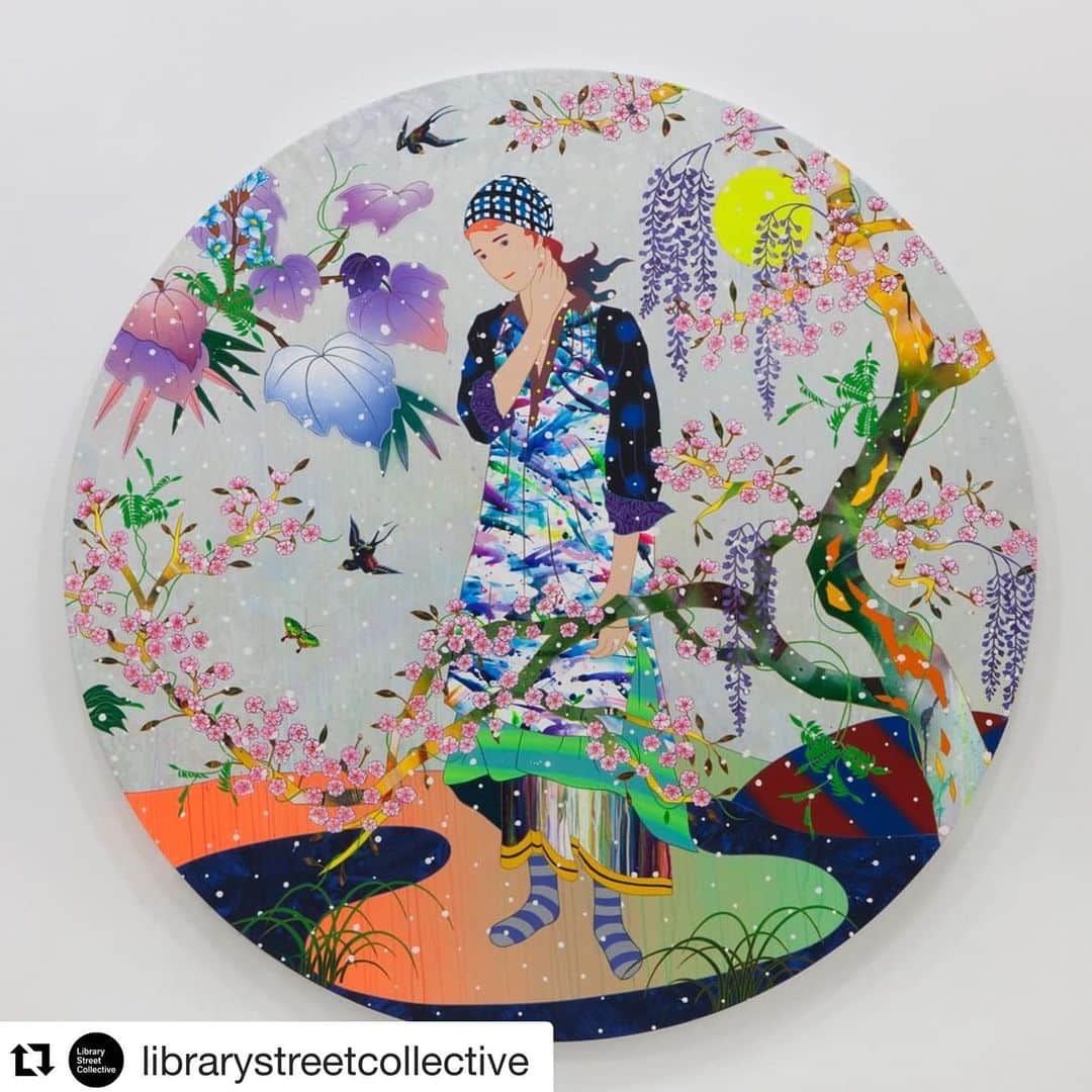 松山智一のインスタグラム：「soon to be seen at  @librarystreetcollective in Detroit  #repost  ・・・ We look forward to presenting this work by #TomokazuMatsuyama in our upcoming exhibition. Matsuyama’s work responds to his own bi-cultural experience of growing up between Japan and America by bringing together aspects of both Eastern and Western aesthetic systems. By raising questions of national and individual identity through the formal qualities and subject matter of his paintings, Matsuyama examines the “natural chaos” of our social environments and challenges viewers to confront their own conceptions of cultural homogeneity.⁠⠀⁠ ⁠⠀⁠ @TomokazuMatsuyama #LibraryStreetCollective⁠ Pictured: Tomokazu Matsuyama, Village Of The Under Privileged Replay, 2020. Acrylic and mixed media on canvas. 60 inches in diameter」