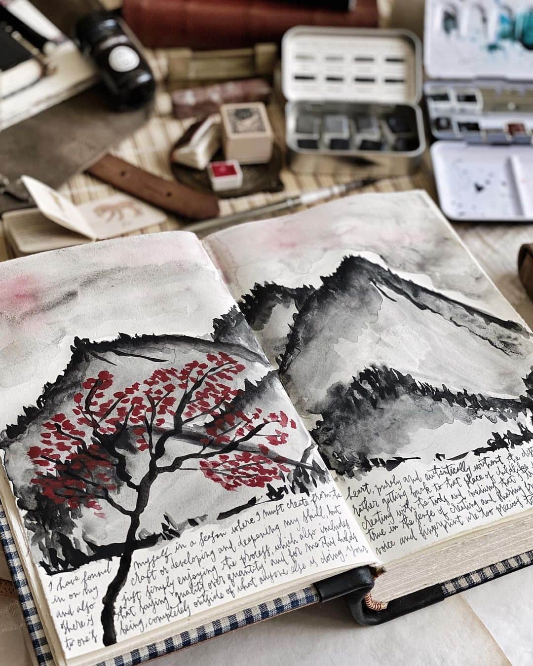 Catharine Mi-Sookさんのインスタグラム写真 - (Catharine Mi-SookInstagram)「The most fun I have in my creative space is in the discovery and experimentation of the process along the way. Today was a play in handmade watercolors and learning the personality of some relatively new paint brushes. The best way for me to truly find a rhythm with new tools is to just dive right in and start playing around with them before I watch any tutorial or glean from another’s perspective and skill. I like approaching new mediums unhindered with as much childlike curiosity as possible. Honing in and developing skill comes later. Wonder and awe come first. And what I have before me here is an immensely gratifying time of messing with new watercolors. I have much to learn with them but for now in this space I had great fun. . . . . Model 03 Ghost Fountain Pen & Boot Leather Penvelope @franklinchristoph. Large Leather Tome Journal & Hunter Satchel @pegandawl. Handmade Watercolors @greenleafblue. . . . . #journaling #artjournal #franklinchristoph #fountainpens #pegandawl #leatherjournal #tomes #leatherjournals #greenleafblueberry #handmadewatercolors #flatlaystyle #flatlayoftheday #creativejournaling #watercolorsketch #watercolordaily #watercolorpractice #artjournaling #artjournalpages #thedailywriting #stationerylove #loveforanalogue #slowlivingforlife #abmcrafty」6月30日 22時37分 - catharinemisook