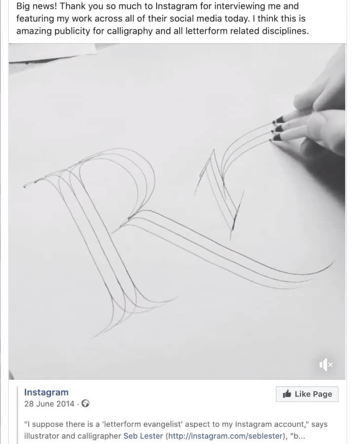 Seb Lesterのインスタグラム：「I can't believe it was six years ago yesterday that Instagram featured my work. A key moment for me, my follower count went from 13k to over a million in a few months. If you actually remember this, and still follow me, all I can say is bless you, seriously, and thanks for hanging around. Some good things on the way I think. Take care all. ✍️🙂👍 #calligraphy #letterforms #viral #crazy #seblester」