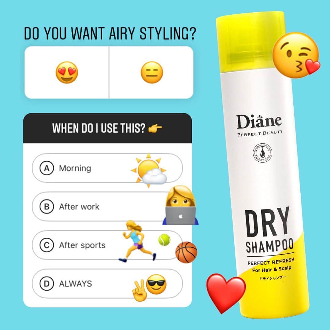 モイストダイアンのインスタグラム：「いつでも使えるドライシャンプー🤗﻿ ﻿ 朝のスタイリングもTVミーティングの前、運動で汗をかいた後もシュッと３秒でスタイリング完成✨﻿ ﻿ ﻿ #ダイアン #パーフェクトビューティー #モイストダイアン #moistdiane #perfectbeauty #エクストラフレッシュ #ツヤ髪 #シャンプー #ヘアケア #紫外線 #UV対策 #フレッシュ #爽快 #ドライシャンプー #dryshampoo #ヘアコスメ #夏  #湿気 #梅雨 #summer #期間限定 #リフレッシュ #shampoo #ヘアスタイリング #桐谷美玲 #マストアイテム #アウトバス #スッキリ」