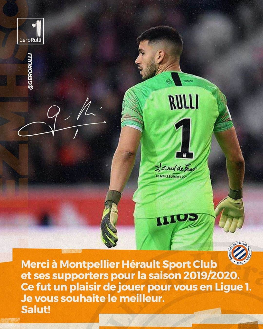 ヘロニモ・ルジのインスタグラム：「Gracias a @mhscofficiel y sus fans por la temporada 2019/2020. Fue un placer jugar para ustedes en Ligue 1. Les deseo lo mejor.  Saludos! Gero Rulli」