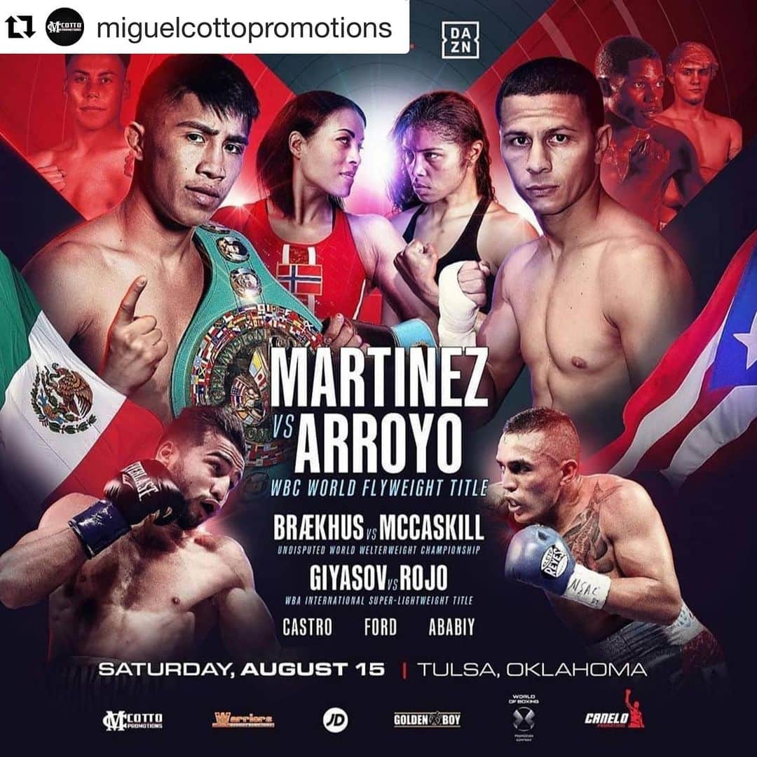 のインスタグラム：「#Repost @miguelcottopromotions ・・・ Arroyo vs. Martínez a revivir una vez más las clásicas batallas México🇲🇽 vs. Puerto Rico🇵🇷 En lo que será un capítulo más de las historicas batallas México vs. Puerto Rico, el boricua McWilliams Arroyo enfrentara al campeón mundial  mosca del CMB; Julio César Martínez.  El combate #ArroyoMartinez se llevará a cabo el 15 de agosto en Tulsa, Oklahoma en un presentación de @dazn_usa junto a @goldenboy , @realmiguelacotto Promotions y @matchroomboxing . "Estoy bien feliz con esta oportunidad que mis promotores(H2 Entertaiment y Miguel Cotto Promotions & Golden Boy Promotions) me han dado, estoy clasificado número 1 en el Consejo Mundial de Boxeo(CMB) y estoy siguiendo mi sueño de convertirme en campeón mundial" indico Arroyo en un comunicado de la empresa Matchroom Boxing. "Creo que Martínez es un gran campeón, la fanaticada podrá ver una pelea llena de acción debido a los estilos, es bueno para el boxeo, Puerto Rico frente a México, estoy hambriento de traerme ese título" culminó diciendo Arroyo.  Por su parte el monarca mosca del CMB indico;"Con las unificaciones adelante de mi es importante tener cuidado con mis retadores mandatorios, yo espero una pelea fuerte con Arroyo, Yo creo que el 2020 y 2021 me verá unificando y convirtiéndome en campeón unificado, no puedo esperar para poner una sonrisa en la cara de los fanáticos " indico Martínez.」
