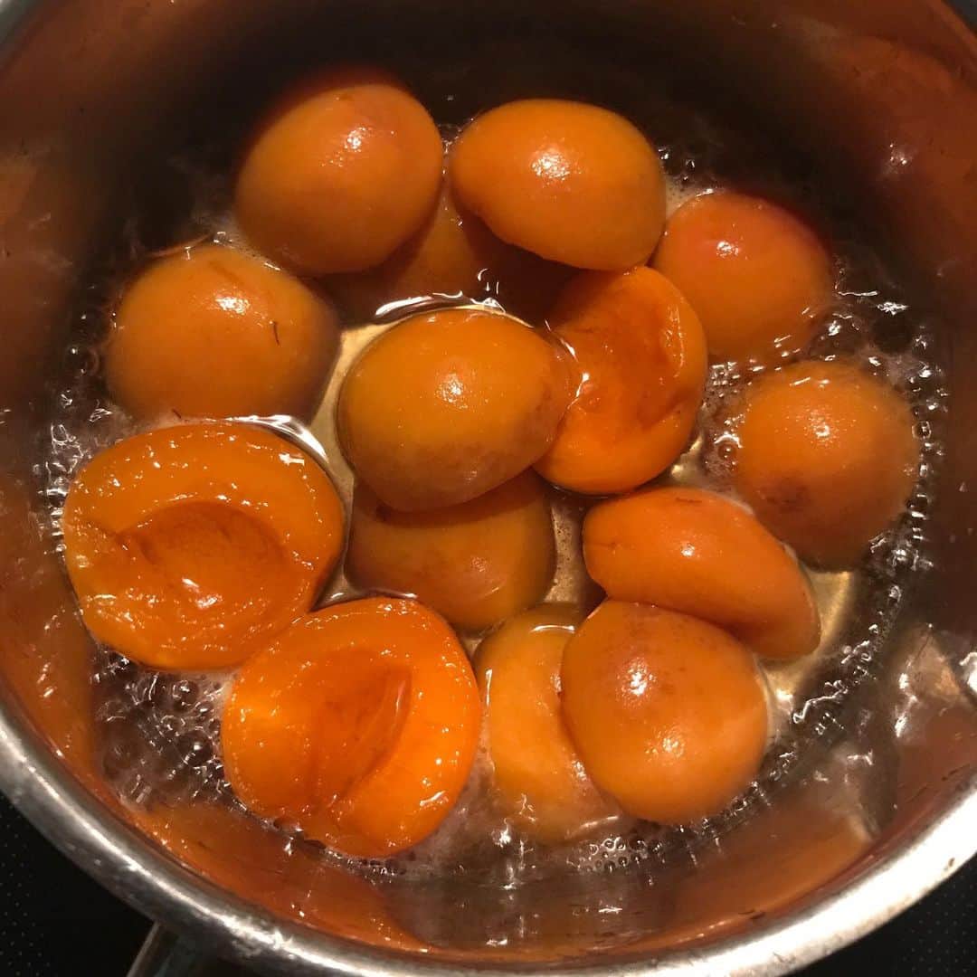 maiさんのインスタグラム写真 - (maiInstagram)「2020年6月30日 . 🎶杏のコンフィ🎶 . 杏不作の中、何とかお取り寄せで届いた信山丸はシロップ漬け、コンフィ、ジャムとフル活用します😊 . コンフィは砂糖をまぶして杏の水分を出し、その水分で煮て、冷まし、煮て、砂糖を加え、、、という作業。  杏の水分を出しつつ、砂糖を浸透させていきます。  ここまででセミコンフィになり、シロップだけ107℃まで煮詰めて果肉を戻し漬け込むとコンフィになります。  そのままでも味が凝縮していて美味しいですが、ヨーグルトやアイスに添えたり、暑くなればカキ氷にシロップごとかけたいです😼😆あんみつにも〜〜😆😆 . . #杏仕事 #杏 #信山丸 #杏のコンフィ  #お菓子教室 #ミルガトー #つくば」7月1日 8時19分 - michoumama