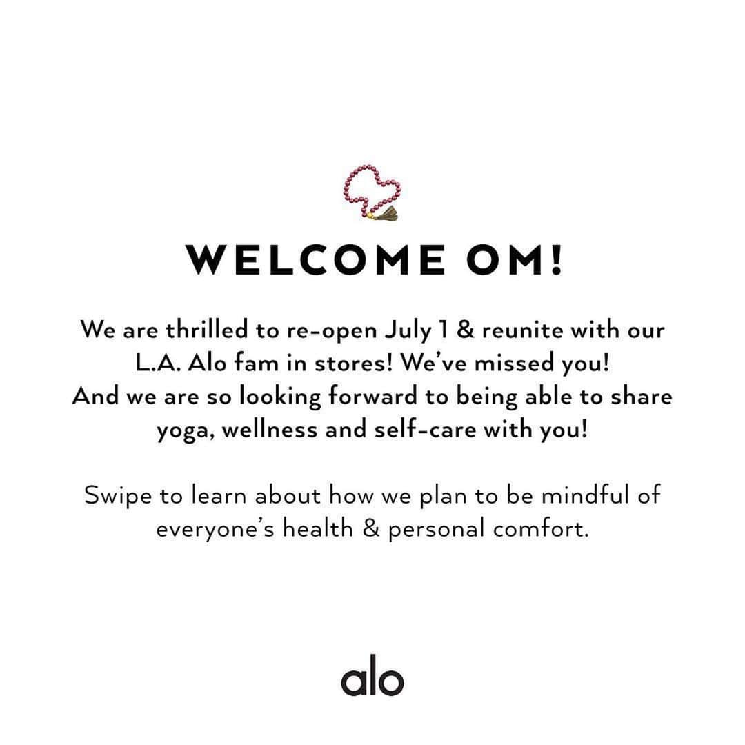 ALO Yogaさんのインスタグラム写真 - (ALO YogaInstagram)「We’ll see you tomorrow, LA Alo Fam! 💫 Our LA stores re-open tomorrow and we could not be more excited to reunite with our amazing community! We’re taking all of the precautionary steps to be mindful of everyone’s health and personal comfort! Swipe for more info!💜  #la #losangeles #yogafamily」7月1日 1時56分 - aloyoga