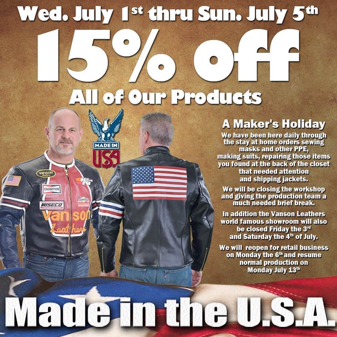 のインスタグラム：「We are having a #sale for tue 4th of July week! 15% OFF of all of our products! #4thofjuly  #vansonleathers  #leather #armor  #independenceday  #america」