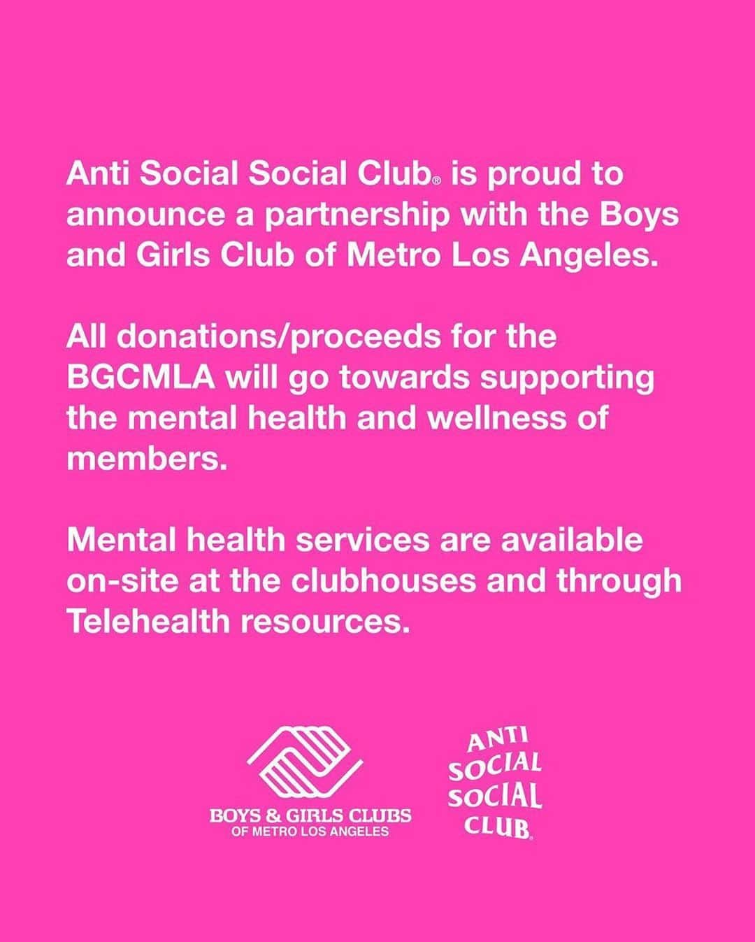 HYPEBEASTさんのインスタグラム写真 - (HYPEBEASTInstagram)「@hypebeaststyle: @antisocialsocialclub is partnering with the @bgcmla for a charitable initiative. Although details are scarce, ASSC has promised: "donations and proceeds [are] going towards supporting the mental health and wellness of [BGCMLA] members." Stay tuned for more info.⁠⠀ Photo: Anti Social Social Club」7月1日 5時09分 - hypebeast