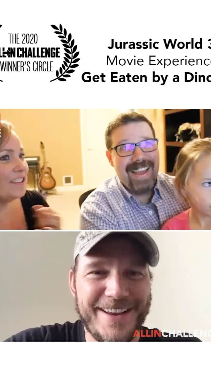 クリス・プラットのインスタグラム：「Watch me zoom bomb Terry, his wife Julie and daughter Kelsey as we all discuss his future as a Dino snack! Thanks Terry! And big ups to everyone who entered the sweepstakes. It's been an honor to be part of the #AllInChallenge which has raised over $59 MILLION to help feed the hungry during this global crisis.」