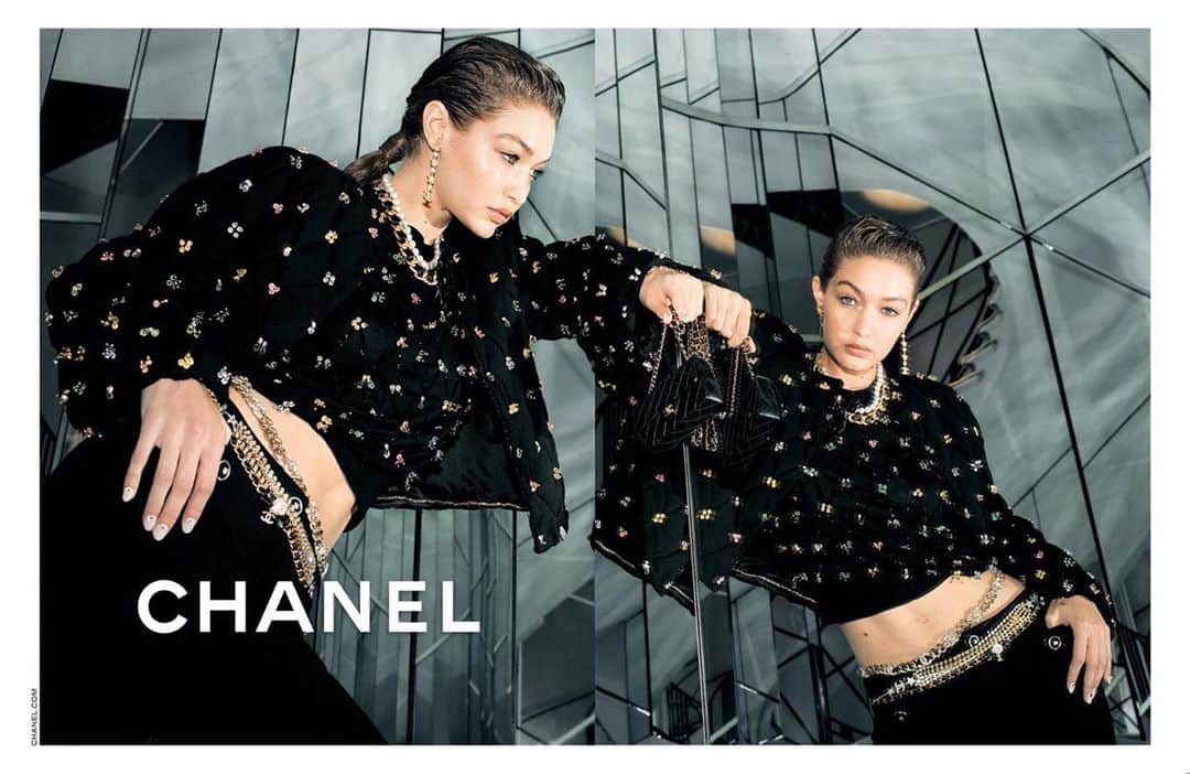 ジジ・ハディッドのインスタグラム：「Have been waiting since December to share this dream-come-true!!! New @chanelofficial campaign by the amazing @melodiemcdaniel! Big thanks to @virginieviard and the whole team @hairbysammcknight @luciapicaofficial 🖤」