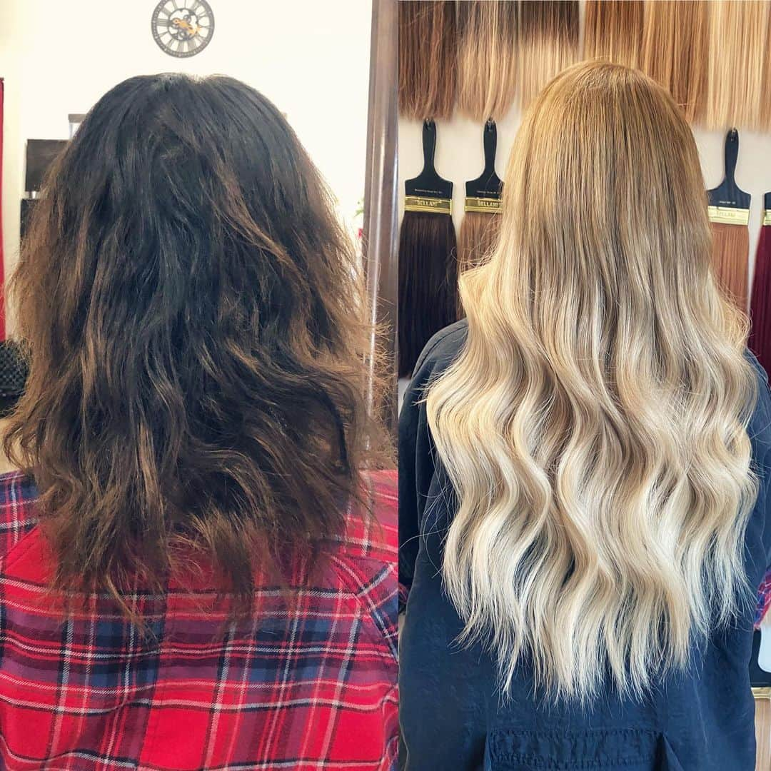 カンディー・ジョンソンさんのインスタグラム写真 - (カンディー・ジョンソンInstagram)「BEFORE & AFTER: On the left is my dark, shaggy, chewed up looking hair yesterday before I went to see @hairbymaribel ✨ She specializes in damaged hair, any hair problems from thinning hair, hair color issues, getting damaged hair healthy again, anything...she lightened my hair so gently, put @bellamihair (which I love and is my favorite hair extension brand) k-tip extensions in my hair because they are the most realistic looking, least damaging & the best for fine or thin hair. I left feeling like a whole new person, with beautiful hair! @hairbymaribel is such a sweetheart and even got us the yummiest Potato tacos for lunch! Do you guys wanna see a little #hair #hairextensions #brownhair to #blondehair #hairtransformation video?!」7月1日 9時15分 - kandeejohnson