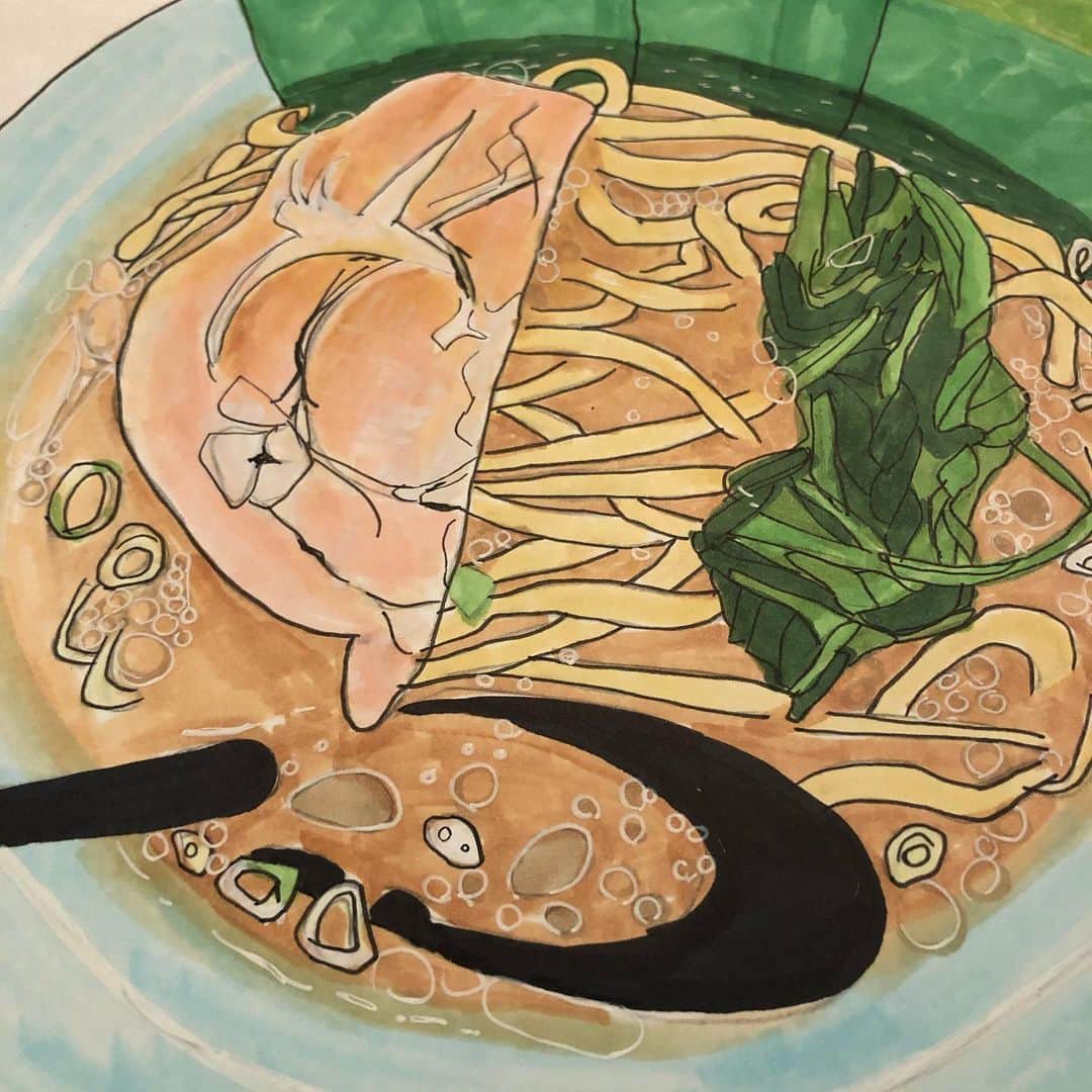 奥山佳恵さんのインスタグラム写真 - (奥山佳恵Instagram)「. 自分で描いてて 毎回、食べたい笑  このスープの透け感たまらん！  ラーメン連載が更新されました♪  更新したブログに直接とべる URLはりましたので よかったら見て、 おなかすかせて♪  @okuyama_yoshie ←ここを経由して いつも書いてるブログにとべます  #奥山佳恵#奥山佳恵のてきとう絵日記  #奥山佳恵のラーメン天国 #ラーメン府中家 #ラーメン #イラスト #スープの透け感  #ほうれん草の感じも好き  お昼はラーメンできまり！ .」7月1日 13時41分 - okuyama_yoshie