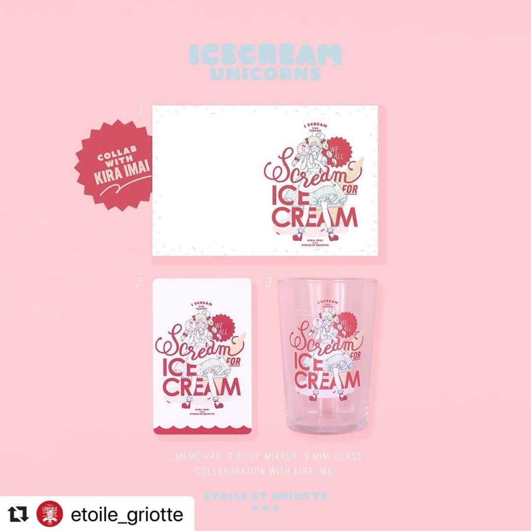 今井キラのインスタグラム：「Etoile et Griotteさんとの人気のコラボアイテム♡ 今回もとってもかわいくデザインして頂きました🍒  こちらのアイテムは7/3(金)〜15(水)までFEWMANY銀座ロフト店で開催のEtoile et Griotte & Ms LUTRA POP-UP SHOPで販売されます🍦  #Repost @etoile_griotte with @make_repost ・・・ 🍦⚡️🦄NEW GOODS🦄⚡️🍦﻿ ﻿ 🍒今井キラ × Etoile et Griotte🍒﻿ ﻿ 🍦メモ帳　¥450+tax﻿ 🌈スライドミラー ¥1600+tax﻿ 🍒ミニグラス ¥2700+tax﻿ ﻿ 今回も今井キラさん( @kiraimai )とコラボさせて頂きました🥰大好きなフレーズをテーマに夏らしくラブリーなデザインに🍦❤️✨ずっとキラさんの繊細な絵にクールめのロゴど〜んと入れてみたいと思ってたので念願です☺️﻿ ﻿ 7/10-22に新宿のFEWMANYで開催されるキラさんの個展では、こちらの絵柄のステッカーやミニポスターなどが販売されるそう✨是非どちらのイベントにも足を運んでください❤️後日通販入荷もあります❣️﻿ ﻿ -----﻿ ﻿ Etoile et Griotte & Ms LUTRA POP-UP SHOP﻿ ⚡️"The CUTE AGGRESSION TOUR"⚡️﻿ ﻿ 🌈TOKYO🌈﻿ 🗓7/3(金)〜15(水)﻿ 🎪FEWMANY銀座ロフト店﻿ ﻿ 🍒OSAKA🍒with Nijiiro Ponic!!﻿ 🗓7/31(金)~8/5(水)﻿ 🎪SIROIRO. GALLERY﻿ ﻿ 🍦ONLINE🍦﻿ 7月下旬〜8月頃入荷予定﻿ ﻿ #etoileetgriotte」