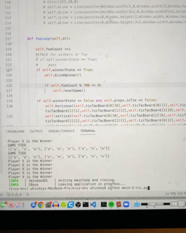 レッドフーのインスタグラム：「I’m learning python and it’s awesome  but one of my favorite teachers is Daniel Shiffman. @the.coding.train He teaches mostly in JavaScript and java @p5xjs @processingorg so I watched his Tic Tac Toe challenge and did it in Python with #kivypython . I’m becoming a master at the matrix!」