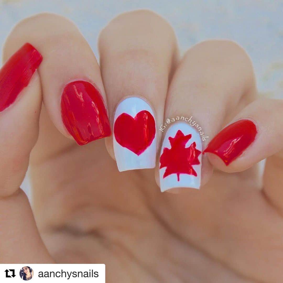 Nail Designsさんのインスタグラム写真 - (Nail DesignsInstagram)「#Repost @aanchysnails  ・・・ Happy Canada Day! 🇨🇦 Showing some pride today by reppin' the red and white! ❤️ I struggle with painting the maple leaf so much but I think this turned out okay 😁  Products Used: ❤️Snow Me White- Sinful Colors ❤️One Night Stand- Orly ❤️Topped With Love- @shoploveangeline 🇨🇦」7月2日 3時10分 - nailartfeature