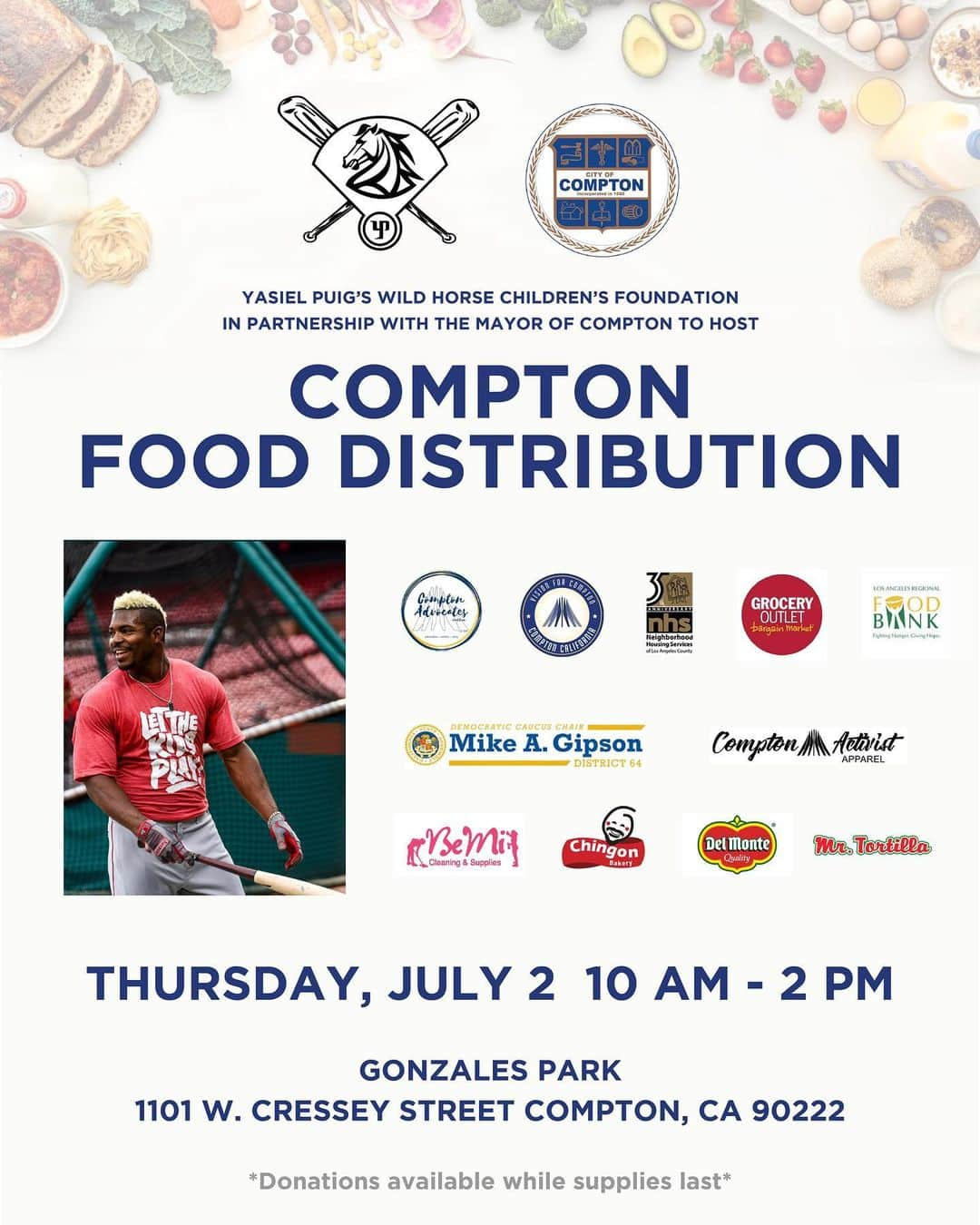 ヤシエル・プイグのインスタグラム：「Tomorrow, my foundation will be heading to The City of Compton to host a drive thru distribution of food & essential products. We will be joined by Compton Mayor, @ajalbrown, city officials, local Compton businesses and our @wildhorsefdn sponsor partners.⁣ ⁣ The distribution will take place tomorrow 7/2 from 10am to 2pm, or until supplies are depleted at Gonzales Park located at 1101  W. Cressey Street. ⁣ ⁣ Times are hard and our communities need us now more than ever. This is when we need to show up for each other. No matter what our own circumstances are, there is always an opportunity to serve others.⁣ ⁣ #standforhumanity⁣ #ittakesavillage #weareallinthistogether #compton #family」