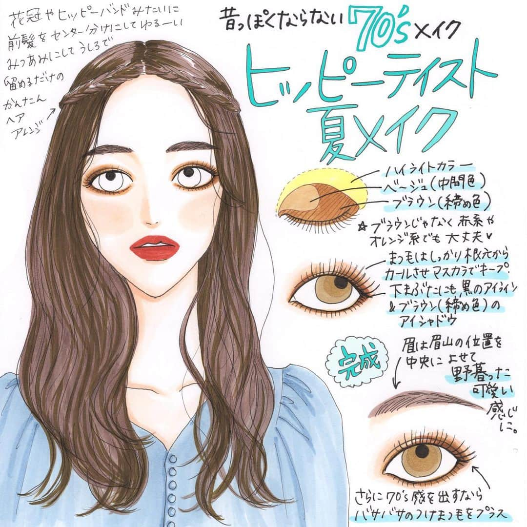 machiさんのインスタグラム写真 - (machiInstagram)「こんばんは◡̈*✧ * 昨日のisutaさん( @isuta_jp )のメイクイラストです。 * 70年代メイク、ヒッピースタイルが可愛いです。 * 最近、金曜ロードショーでバックトゥーザ・フューチャー三部作やってましたね〜。あれは80年代のファッションかな？女の子たち可愛いかったー！ * ヒッピースタイルのメイクは60年代のつけまつ毛や太いアイラインの流れを汲みつつ、もう少しシンプルになるので今の時代でも取り入れやすいです。ポイントは囲みアイライン。ブラックだと浮いちゃう場合はブラウンでも可愛いです。 * コットン素材のゆる〜い雰囲気のワンピースなんかと合わせると雰囲気も出てめちゃくちゃ可愛いです♡ * * * * * #isuta#イスタ#メイク#レトロ#おすすめコスメ#コスメ#化粧品#コスメイラスト#メイクイラスト#ヒッピー#Illustration#watercolor#watercolorpainting#pen#pendrawing#drawing#copic#イラスト#ペン画#コピック#machicosmeillust」7月1日 19時02分 - material_2014