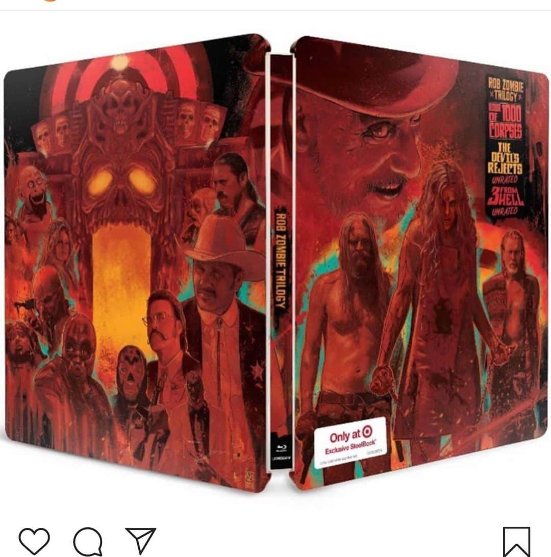 ロブ・ゾンビのインスタグラム：「The killer Firefly Trilogy Steelbook is on its way!!! 💀 Go to @target to pre-order your copy now! Release date is September 8 th! Surely a collectors item that will sell out ASAP! Wicked new art front and back. HOUSE OF 1000 CORPSES! THE DEVIL’S REJECTS (unrated) and 3 FROM HELL (unrated)for only $29.99!!! 👍🏼#robzombie #houseof1000corpses #sherimoonzombie #thedevilsrejects #billmoseley #3fromhell #sidhaig #richardbrake #jeffdanielphillips #dannytrejo #emiliorivera #panchomoler #drdatan #karenblack」