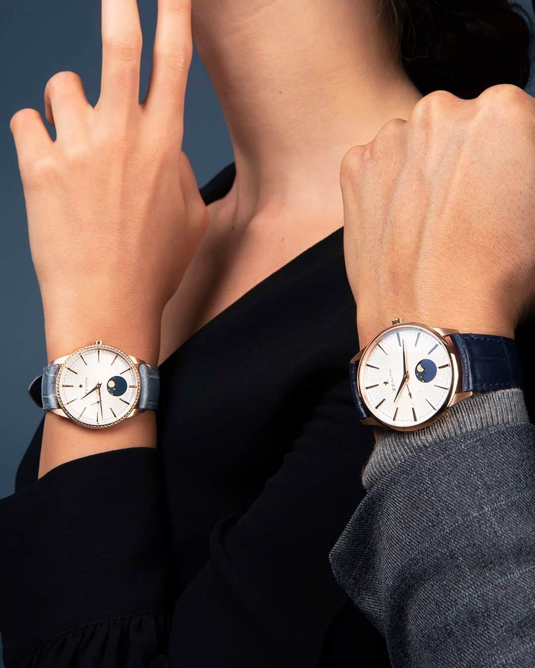 ゼニスのインスタグラム：「#Elite: The finer things in life are best enjoyed with that special someone. Elite Moonphase in steel with silver dials, made in 40.5mm and 36mm case sizes - with or without diamonds.  #Zenith #ZenithWatches #Watches #Watch #Watchesofinstagram #Watchfam #WatchoftheDay #Luxury #WatchAddict #Watchcollector #Horology #DailyWatch #Moonphase #Gold #Diamonds」