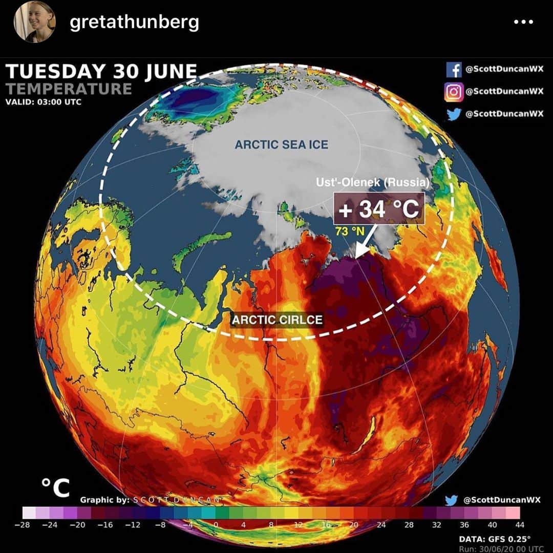 トームさんのインスタグラム写真 - (トームInstagram)「#repost #gretathunberg: The extreme arctic heatwave continues...  Last week the temperature reached 38°C in Verkhoyansk, Siberia, north of the arctic circle.  And +34°C was just recorded at a latitude of 73 °N (high above the Arctic circle...) today in Russia. That is about +20-25 °C warmer than normal. But equally worrying is the fact that our societies fail to grasp the full meaning of this. The longer the climate crisis is being ignored or downplayed - the longer people will remain unaware. And the political inaction is allowed to continue. Picture credit: Scott Duncan」7月1日 22時18分 - tomenyc