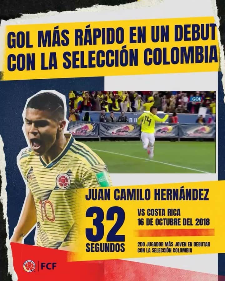 サッカー コロンビア代表チームのインスタグラム：「¿Sabes quién hizo el gol más rápido en su primer partido con la Selección 🇨🇴? 🤔   Hoy recordamos este debut inolvidable para el @cuchohernandez10 ⚽🔥」