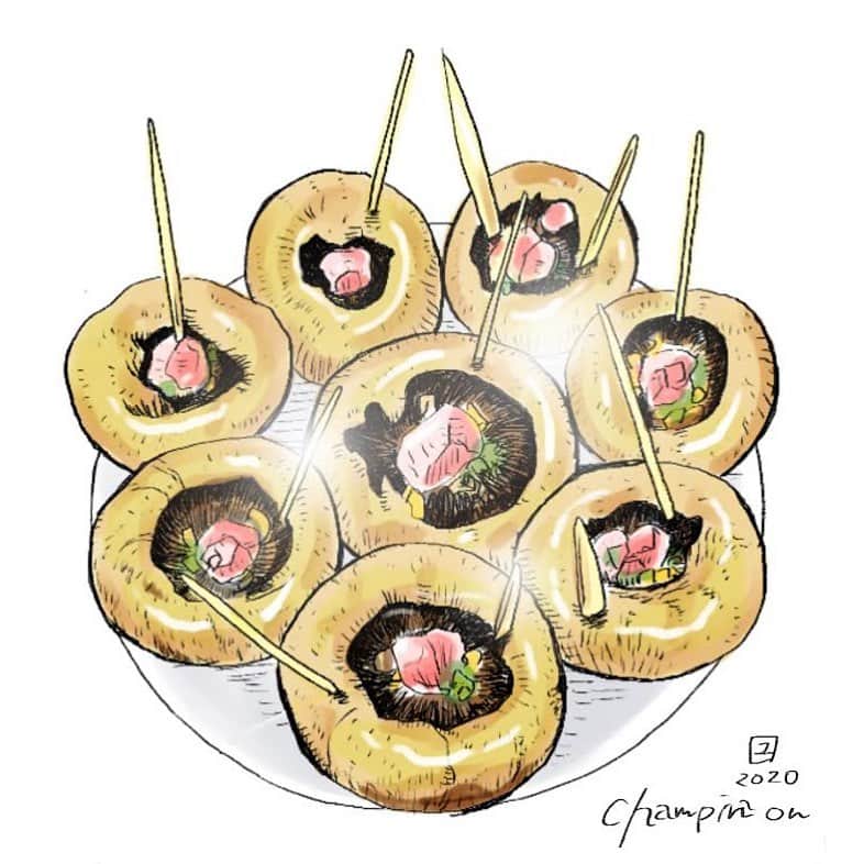 カワハラユキコのインスタグラム：「【マッシュルームの鉄板焼き/Grilled mushrooms】 🇪🇸 マドリッドの超有名店「メソン・デル・シャンピニオン」の名物、マッシュルームの鉄板焼き。日本のスペインバルでもおなじみだけど、ここのはとにかくマッシュルームは肉厚ムチムチ！きのこ汁ジュワー！ ・ ただいま絶賛書籍化作業中のスペイン旅ごはん本の、マドリッド篇のおまけ情報ページより抜粋。いい本になってきたよ😉 ・ (アップして思ったけど、もちょっとオイル具合がほしいな。本に載せるのは描きたそ〜) 🇪🇸 These are grilled mushrooms of famous restaurant ”mesón del champiñón” in Madrid.  The mushrooms are thick and juicy! 🇪🇸 #オラスペイン旅ごはん #スペイン  #マドリッド #マドリード #マッシュルーム #マッシュルームの鉄板焼き #きのこ #スペイン料理  #スペインバル #スペイン旅行  #スペイン語  #旅ごはん #食べ物イラスト  #食べ物グラム #spain #madrid #mesondelchampiñon  🇪🇸 私のヘタレ英語が間違ってるときも教えてくださいませ🙇」