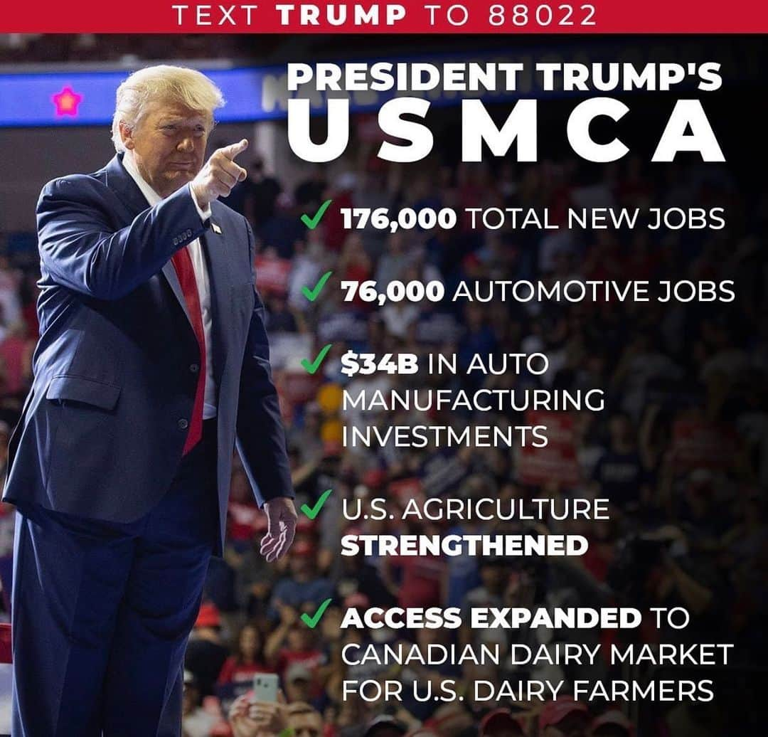 ドナルド・トランプさんのインスタグラム写真 - (ドナルド・トランプInstagram)「#Repost @TeamTrump: TODAY, President @realDonaldTrump's USMCA officially goes into effect.   This president will ALWAYS put American workers FIRST, unlike Joe Biden who voted for the disastrous NAFTA trade deal which cost America thousands of businesses and millions of jobs! #USMCA 🇺🇸 🇲🇽 🇨🇦」7月2日 8時31分 - realdonaldtrump