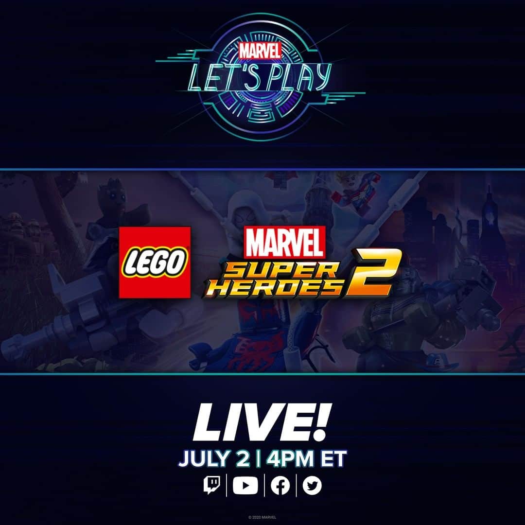 Marvel Entertainmentさんのインスタグラム写真 - (Marvel EntertainmentInstagram)「Tomorrow, we're playing "LEGO Marvel Super Heroes 2" LIVE! Tune in and join us on our YouTube or Twitch at 4PM ET. #MarvelAtHome」7月2日 9時15分 - marvel