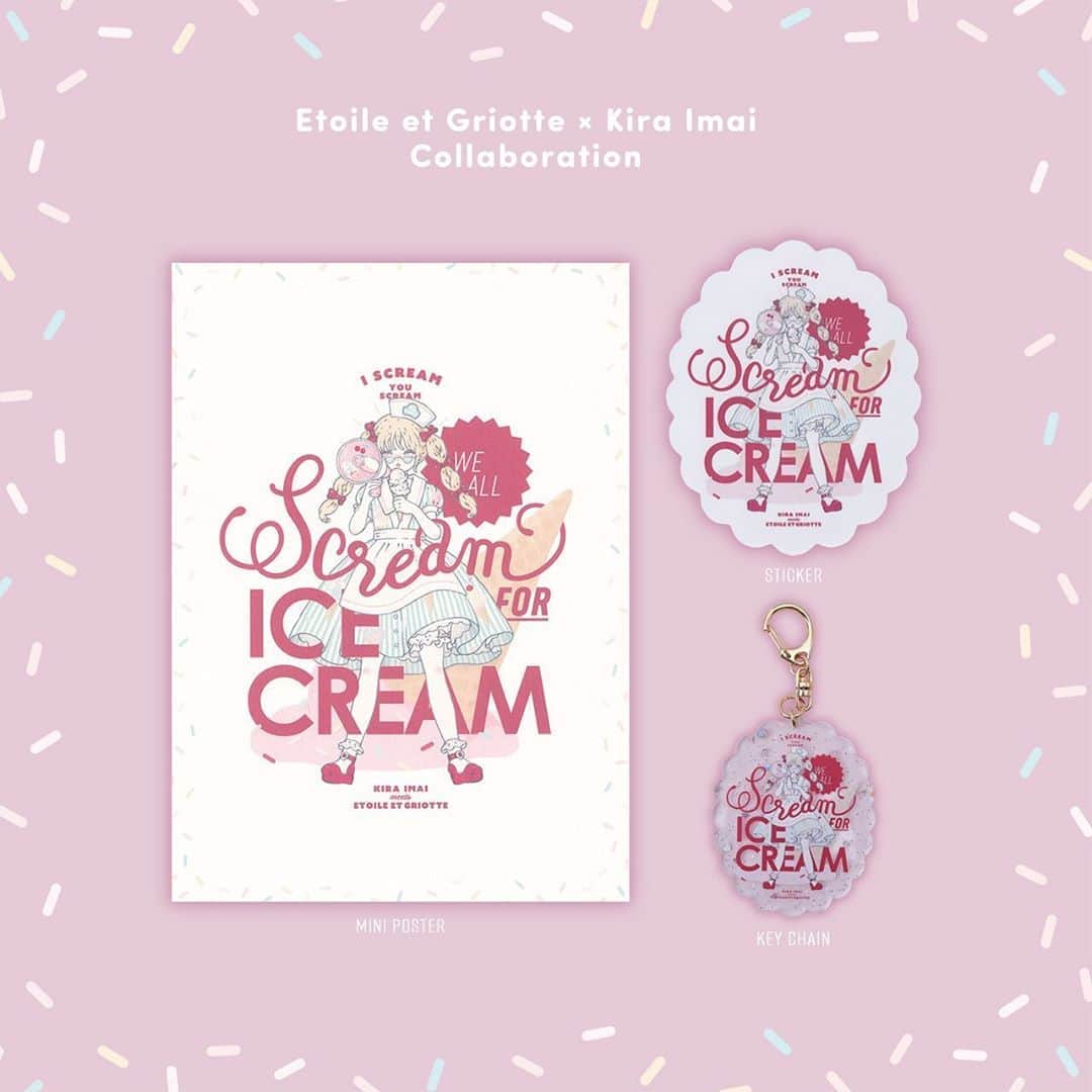 今井キラのインスタグラム：「𝑁𝑒𝑤﻿ Etoile et Griotte × 今井キラ﻿ 🍦ミニポスター﻿ 🍦ステッカー﻿ 🍦ラメキーチェーン﻿ ﻿ Etoile et Griotteさんとの人気のコラボアイテム♡﻿ 今回もとってもかわいくデザインして頂きました🍒﻿ ♡﻿ こちらのアイテムは7/10(金)〜22(水) FEWMANY 新宿マルイアネックス店で開催のLittle Fruitで販売し、イベント終了後にKiraImai WebStoreに入荷します。﻿ ♡﻿ 7/3(金)〜15(水)までFEWMANY銀座ロフト店で開催のEtoile et Griotte & Ms LUTRA POP-UP SHOPではこちらの絵柄のメモ帳やミニグラスが販売されます🍦﻿ Etoile et Griotteのオンラインショップにも7月下旬〜8月頃入荷予定！﻿ ぜひ、どちらのイベントもチェックしてくださいね🍨﻿ ﻿ ♡Little Fruit﻿ ♡2020.7/10-7/22﻿ ♡FEWMANY 新宿マルイアネックス店﻿ ﻿ #kiraimai #littlefruit #etoileetgriotte」