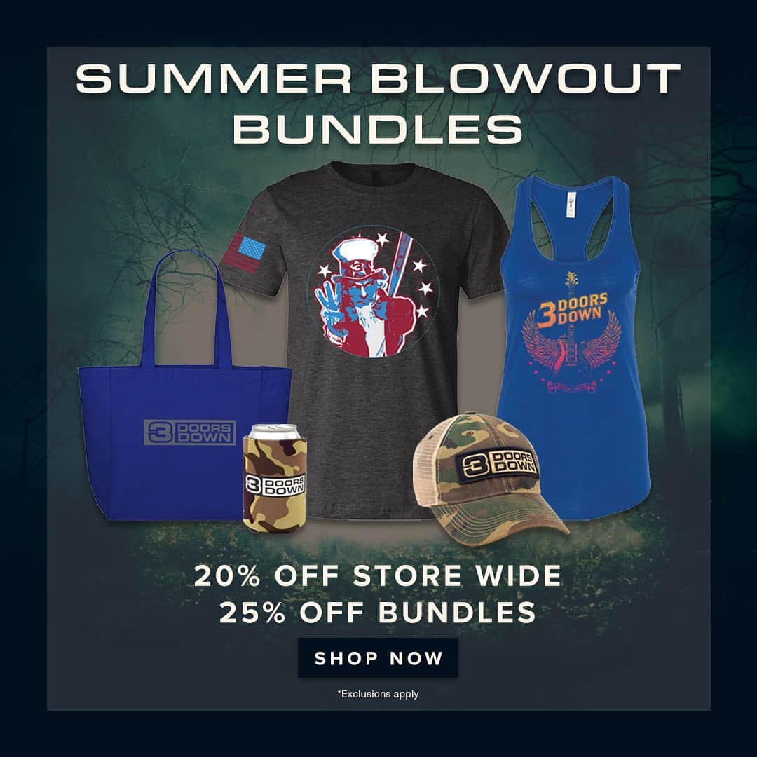 3 Doors Downのインスタグラム：「Our summer blowout merch sale starts now! There are limited quantities available, so grab yours before they’re gone. Link in bio to shop.」