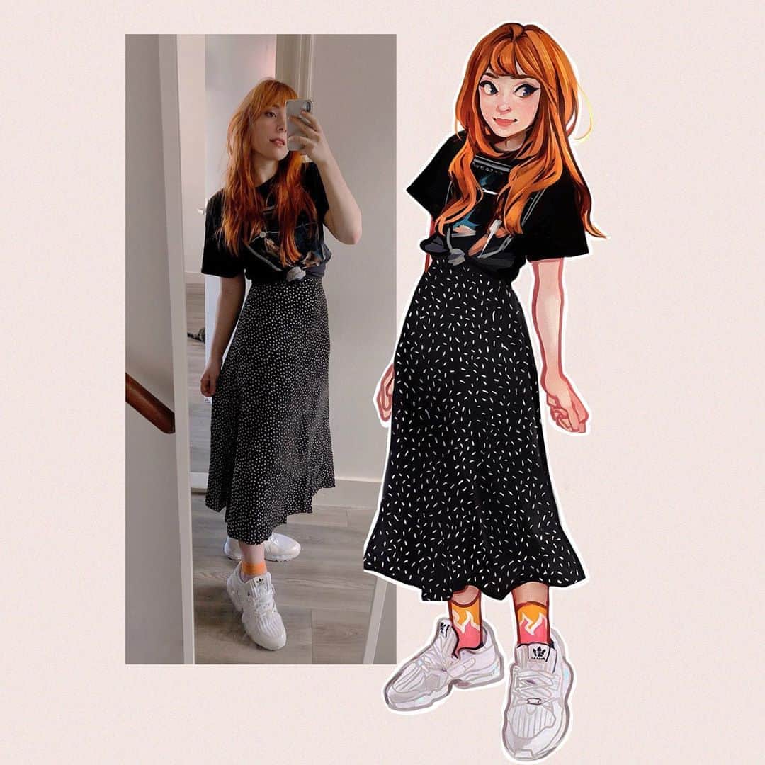 Laura Brouwersのインスタグラム：「New OOTD!!! Drawn live on stream !! I’m streaming more tonight if you wanna catch one too hehe. Link is in my bio!!  I never drew this shirt which is one of my faves, I also got some great socks (asos?) a cute skirt (mango) and finally, some new sneakers. (My mom got me a pair for my birthday once just so I’d finally throw out my old worn down pair, i dont splurge on them often lol)  Hope u like my messy hair lol 🥵」