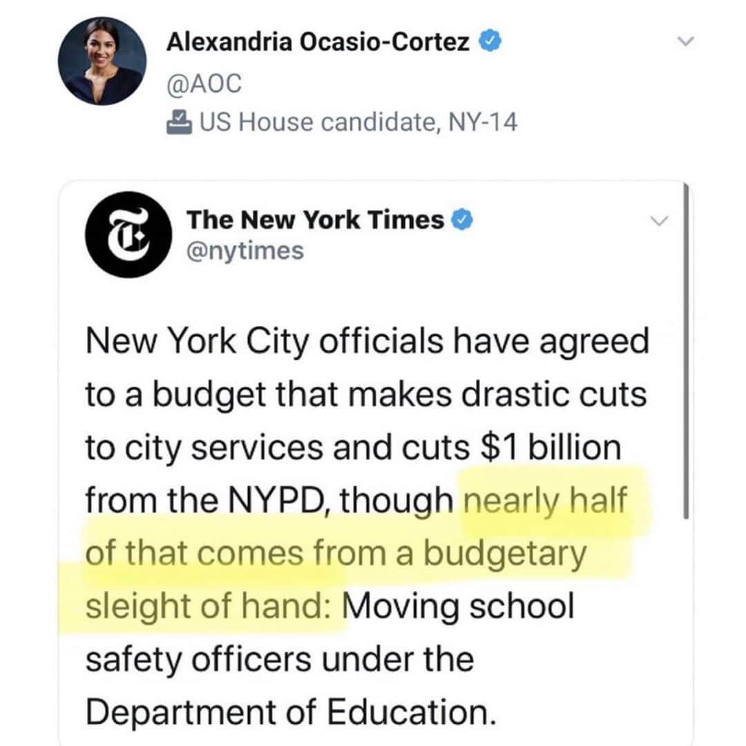 トームさんのインスタグラム写真 - (トームInstagram)「Ocasio-Cortez dismisses proposed $1B cut: 'Defunding police means defunding police'   (BY J. EDWARD MORENO @thehill )   Rep. #AlexandriaOcasio-Cortez (D-N.Y.) said New York City's proposed $1 billion cut from the police department budget tiptoes around demands from activists who are asking for a reduced police presence.  Though the plan proposed by New York City Mayor #BilldeBlasio (D) cuts one-sixth of the New York Police Department (NYPD) budget, activists note that much of it would be transferred to other city departments, including the Department of Education, where it could pay for police in schools. Activists have advocated for removing officers from schools altogether.  "Defunding police means defunding police," the congresswoman said in a statement. "It does not mean budget tricks or funny math. It does not mean moving school police officers from the NYPD budget to the Department of Education's budget so the exact same police remain in schools."  De Blasio said at a press conference Monday that his office presented a budget to the New York City Council over the weekend that would "achieve a billion dollars in savings" for New York police. .  Anthonine Pierre, a spokesperson for Communities United for Police Reform, said in a local TV interview that de Blasio is "doing funny math and playing the PR games he always plays" in the proposal.  "It seems like the mayor is trying to use the talking points of defunding the police without actually meeting the demands," Pierre said.   ...Mayors in San Francisco and Los Angeles have pledged to cut police budgets, while city councils in places such as Washington, D.C., have passed a slate of reform measures to enhance law enforcement oversight.  .  Ocasio-Cortez said that cutting the police budget is not effective if it does not result in the reduced presence of law enforcement.   "It does not mean counting overtime cuts as cuts, even as NYPD ignores every attempt by City Council to curb overtime spending and overspends on overtime anyways," Ocasio-Cortez said. "If these reports are accurate, then these proposed 'cuts' to the NYPD budget are a disingenuous illusion. This is not a victory.” #defundthepolice」7月3日 1時08分 - tomenyc