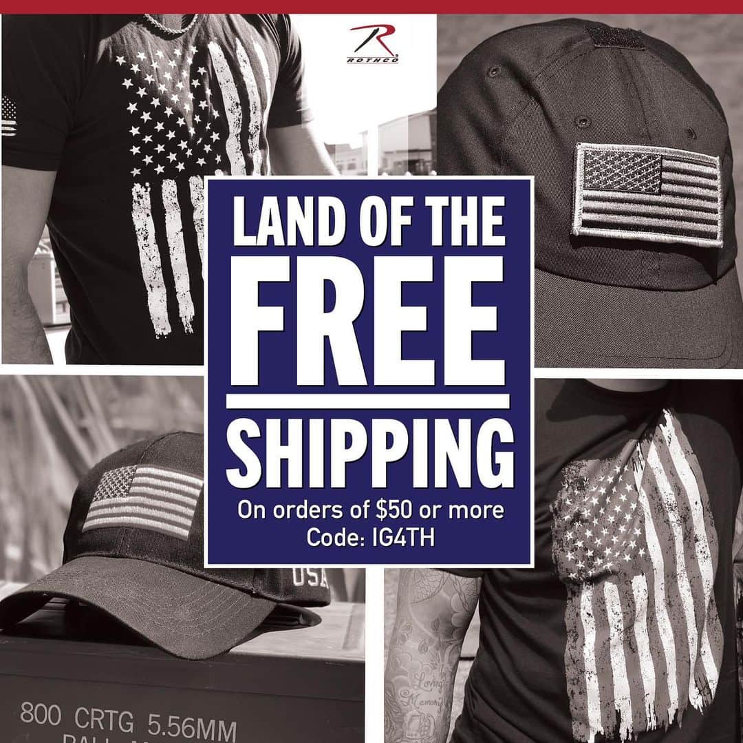 のインスタグラム：「Celebrate with new gear for the summer with Free Shipping🇺🇸🔥 Use Code: IG4TH at checkout! • • • • • • •  The Details: Free standard shipping of orders of $50 or more, applies to U.S. orders only. For express shipping, regular charges will apply. Offer applies to the lower 48 states. Offer excludes Alaska, Hawaii, Puerto Rico, APO/FPO, and international orders. Must enter code 'IG4TH' at check out, offer valid only online at Rothco.com for qualified retail purchases, and can not be combined with any other offers or discounts.  Offer valid for one use. Offer expires 7/10/2020.」