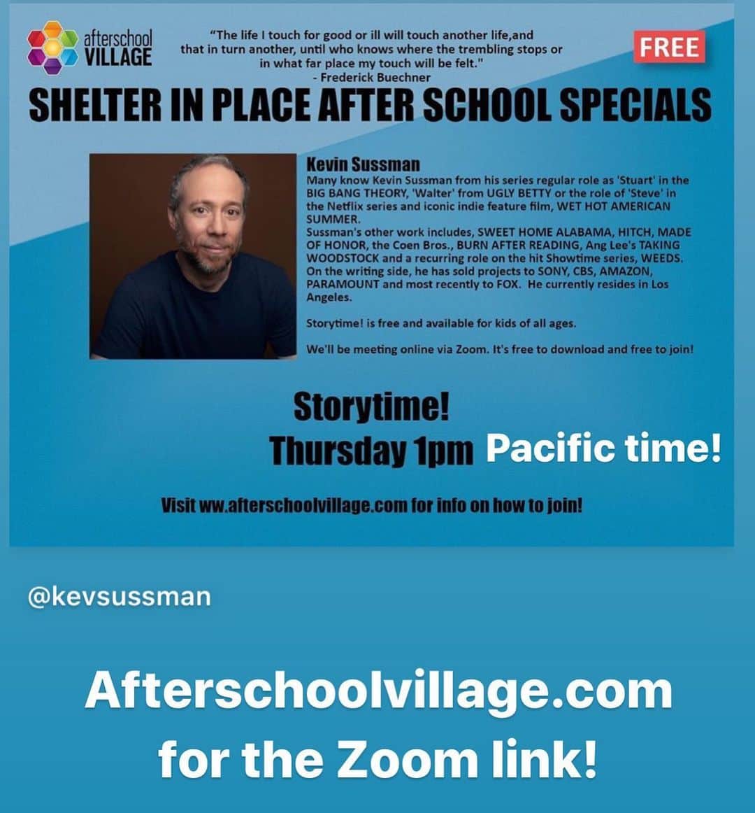 ケヴィン・サスマンのインスタグラム：「Today at 1pm Pacific time! Go to Afterschoolvillage.com for the Zoom link!」