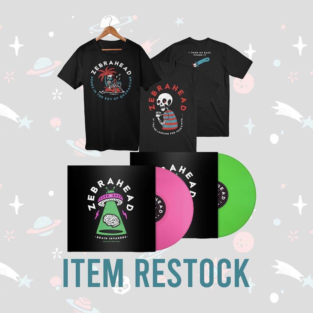 Zebraheadさんのインスタグラム写真 - (ZebraheadInstagram)「We've restocked the Quarantine And Knife in my Back t-shirts. Also we found some more Brain Invaders Deluxe edition Pink and Green 12" Vinyl. Only around 30 of each available.  https://zebrahead.myshopify.com #Zebrahead #braininvaders #merch」7月3日 2時33分 - zebraheadofficial
