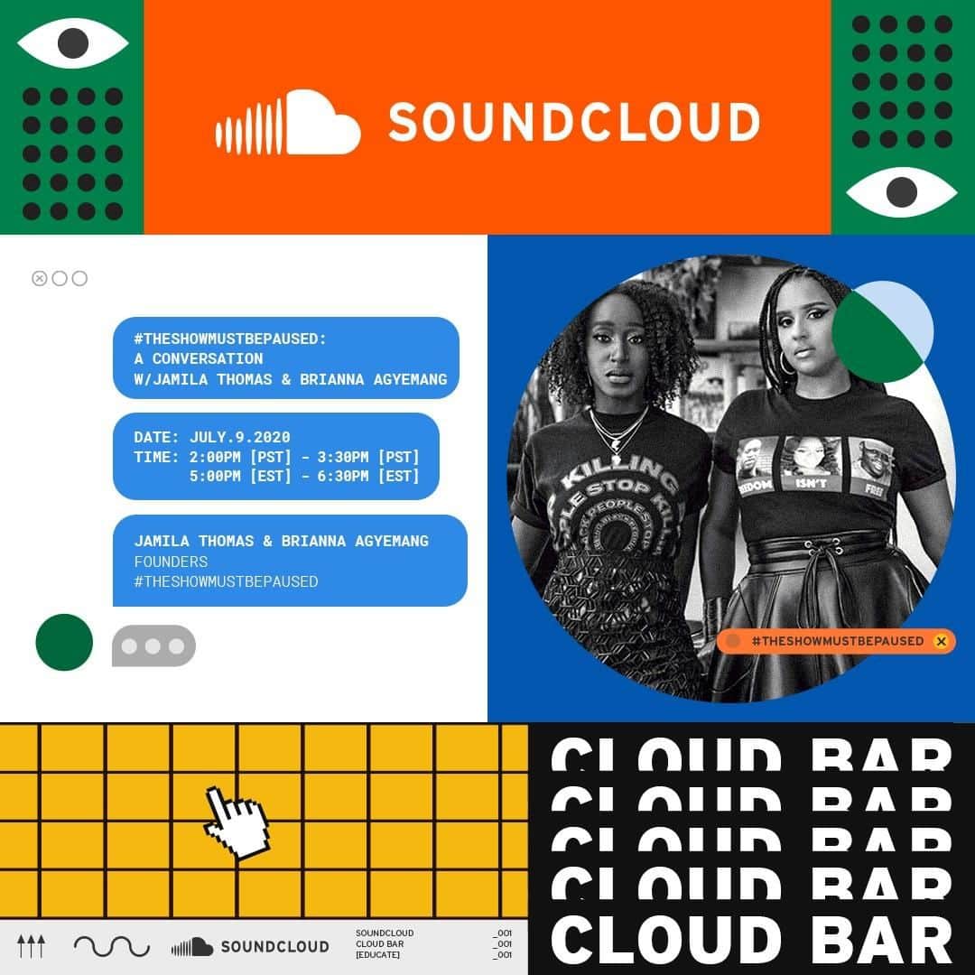 サウンドクラウドのインスタグラム：「We’ll be going live for a very important conversation with @theshowmustbepaused founders, @imjamilat and @bri_anna, moderated by SoundCloud’s Global Head of Music, @ellislisa. ⁠ ⁠ Tune in Thursday, July 9th at 2pm PT / 5pm ET. Link in bio.」