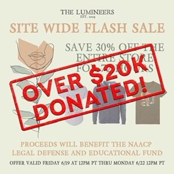 The Lumineersさんのインスタグラム写真 - (The LumineersInstagram)「Thank you for buying our merch 👕🖤 A donation of over $20k has been made to the @naacp_ldf and we couldn't have raised that much without you guys. We appreciate you all - let's keep up the fight」7月3日 3時56分 - thelumineers