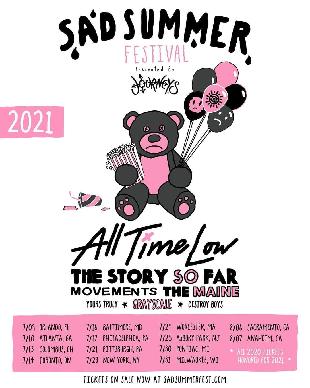 All Time Lowのインスタグラム：「We are very excited to announce rescheduled @sadsummerfest dates for 2021. These shows represent a time to look forward to when we can all stand side by side and experience live music together again. In the meantime, there is plenty of work that we, our country, and the world needs to do to create a better future for everyone. All 2020 tickets will be honored, or visit the link in our bio to grab some if you have not yet. We cannot wait to see all of you again.」