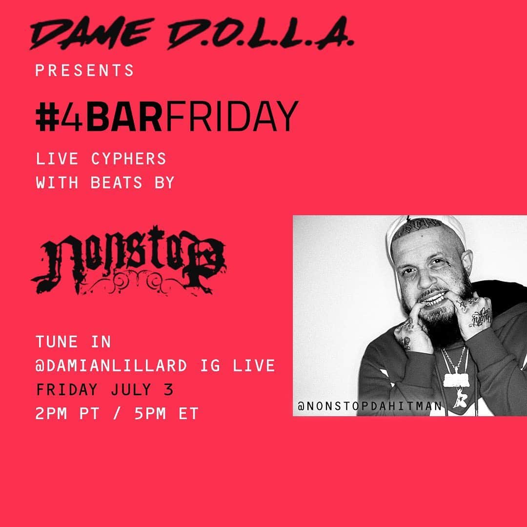 デイミアン・リラードのインスタグラム：「Had to postpone last week, but I’m back this Friday at 2pm PT/5pm ET for my IG Live Cypher Series featuring under the radar MCs from my #4BarFriday community. This week the MCs will be spitting over beats provided by @nonstopdahitman. Can’t wait to see what @mysticthegirl, @camarcher, @ryan_western, @tiflon, @sicariososa, @victionarymusic, @jessvibe and @devinecarama can do over the @nonstopdahitman productions. Make sure y’all tap in tomorrow!」