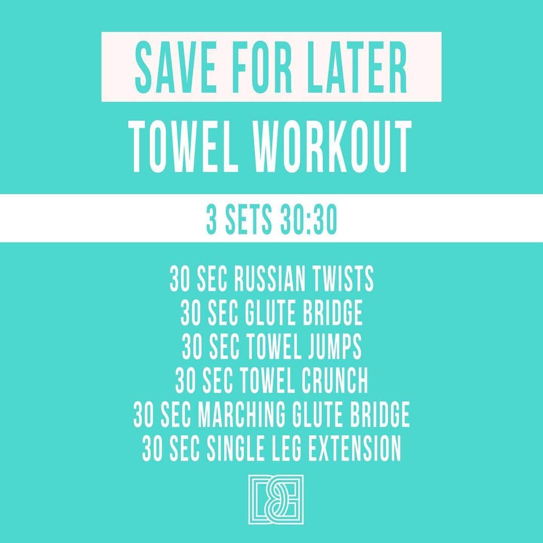 Danielle Robertsonさんのインスタグラム写真 - (Danielle RobertsonInstagram)「TOWEL WORKOUT!  Give this workout some love (double tap) and save for later! You got a towel? You got a gym! This workout is a fun AND effective full body burner so grab yourself a towel and let’s get sweaty (also double up as a sweat towel, it just gets better and better)  WORKOUT   3 SETS   30:30    30 seconds of work, 30 seconds of rest  30 sec Russian Twists  30 sec Glute Bridge  30 sec Towel Jumps  30 sec Marching Glute Bridge  30 sec Single Leg Extension」7月3日 4時37分 - dannibelle
