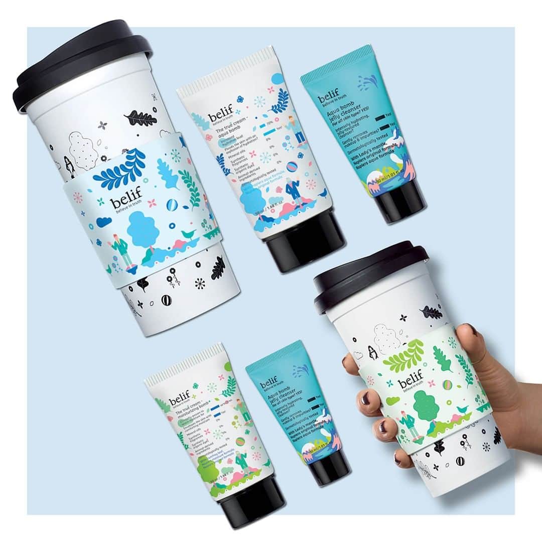 のインスタグラム：「Looking for a big splash of hydration? This summer we're offering two special-edition belif set that comes with a full-size moisturizer in a tube and a mini jelly cleanser in a jumbo-sized reusable cup. Cheers!」